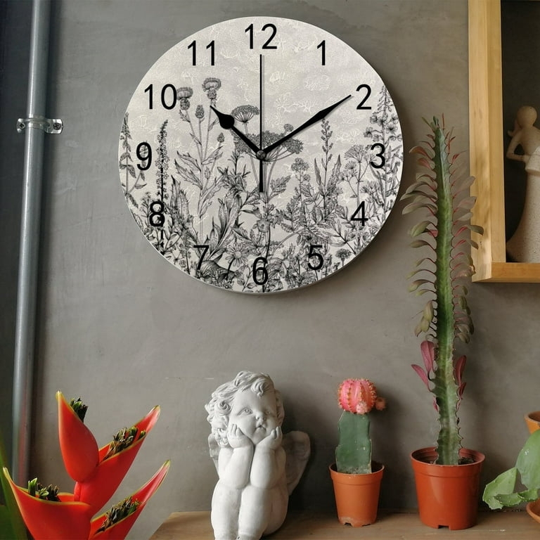 Vintage Wall Clock Botanical Illustration Distressed Wood Look