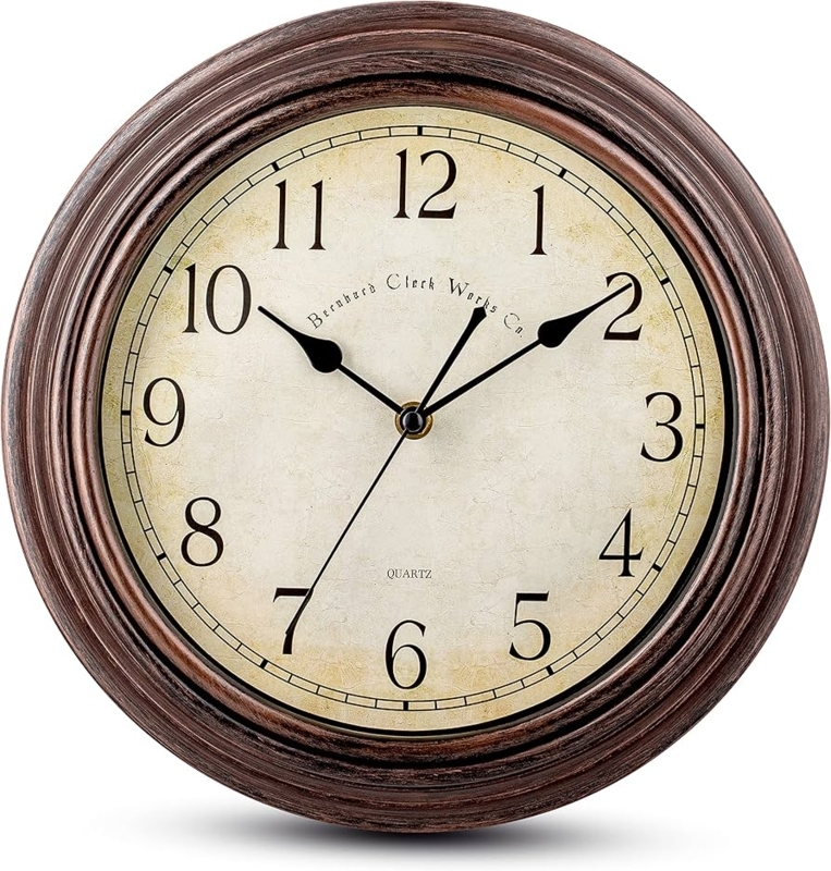 Vintage Wall Clock Distressed Bronze Frame Spade Hands Glass Lens