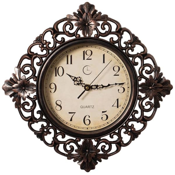 Vintage Wall Clock with Ornate Scrollwork Frame and Distressed Finish