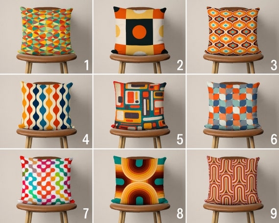 Vivid Mid Century Modern Geometric Pillow in Blue and Orange Tones