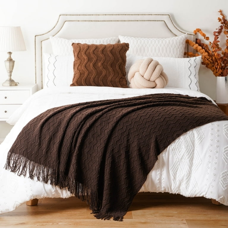 Waffle Knit Throw Blanket Chocolate Brown Fringed Edges Boho Style