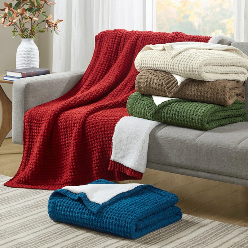 Waffle Knit Throw Blanket Sage Green Sherpa Reverse Reversible