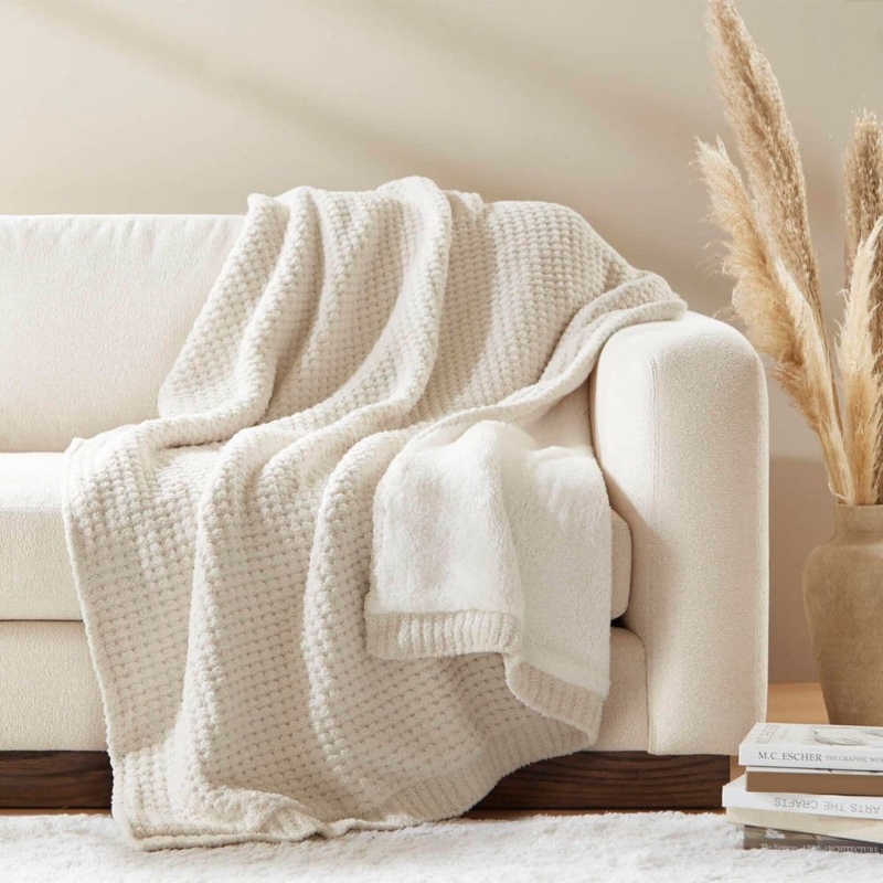 Waffle Knit Throw Blanket, Soft Chenille-Like Fabric with Tassel Fringe
