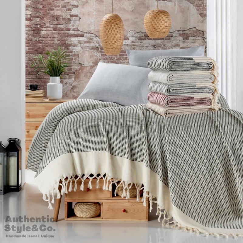 Waffle Weave Blanket with Knotted Fringe, Cream Cotton
