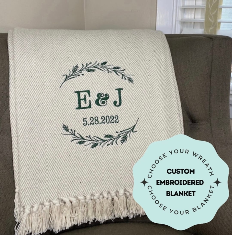 Waffle Weave Throw Blanket Cream Tassel Fringe Monogrammed