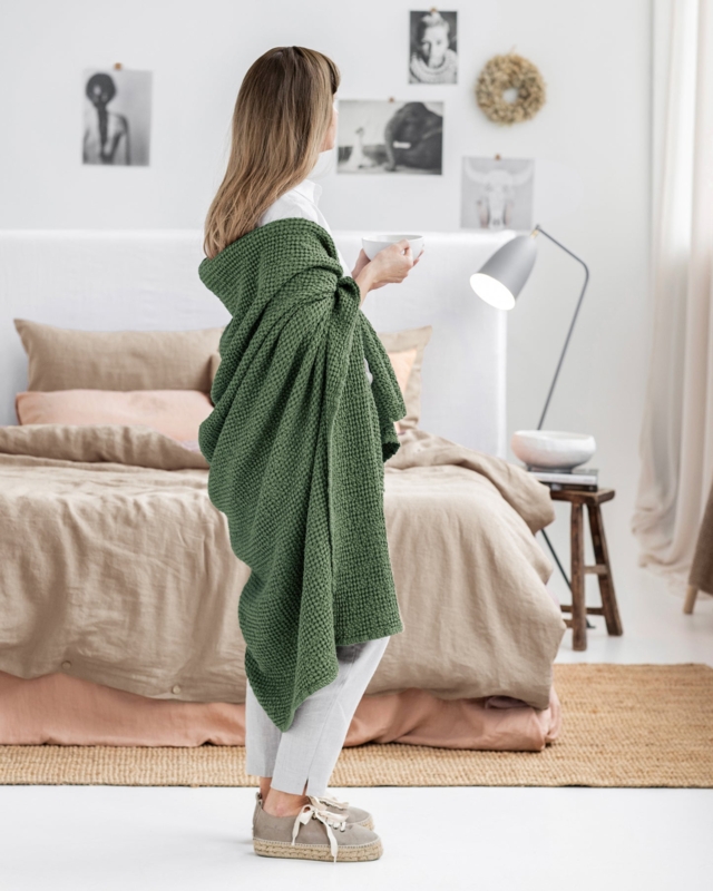 Waffle Weave Throw Blanket Forest Green Linen Like Fringed Edges