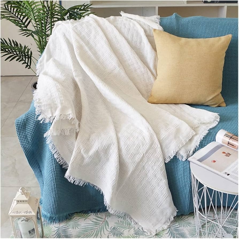 Waffle Weave Throw Blanket in Mustard Yellow with Fringed Edge