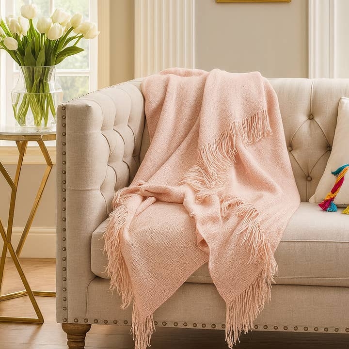 Waffle Weave Throw Blanket Pale Pink Honeycomb Texture Cotton
