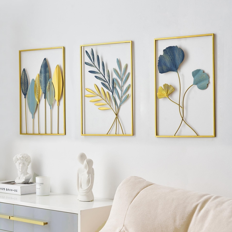 Wall Accent Set: Metallic Botanical Triptych with Open Cutout Work