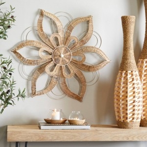 Wall Accent Woven Rattan Petals Daisy Silhouette Coastal Style