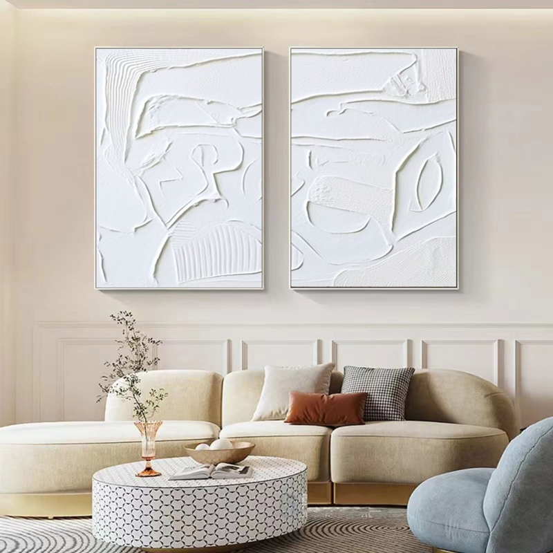 Wall Art 2 Piece Set White High Relief Sculptural Impasto Texture