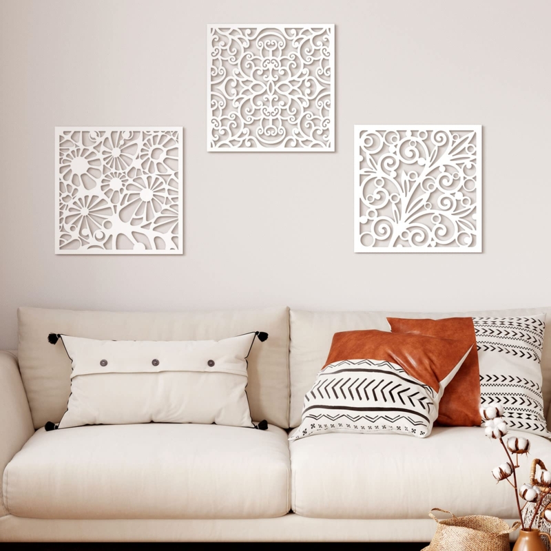 Wall Art 3 Piece Set Hollow Carved Floral Plaques Boho Farmhouse
