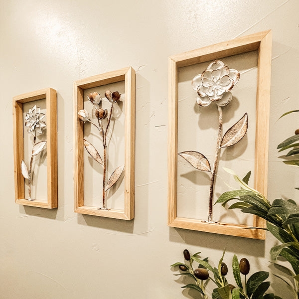 Wall Art 3D Floral Design Wood Toned Rustic Farmhouse Set of Three