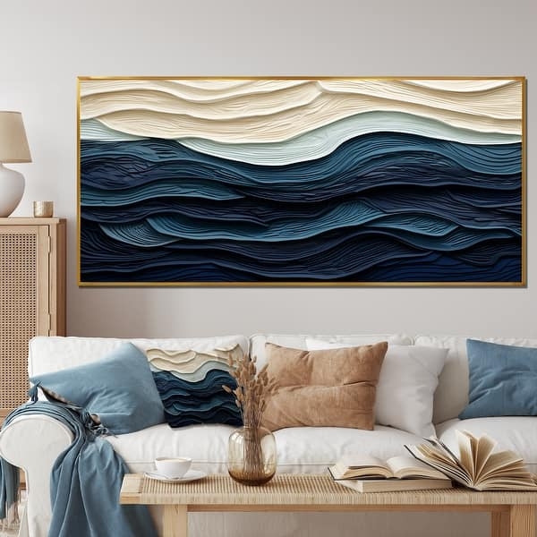 Wall Art 3D Wave Texture Framed Canvas Navy And Cream