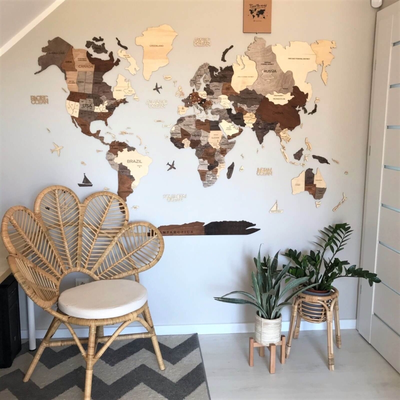 Wall Art 3D Wooden World Map Decor Large Scale Relief