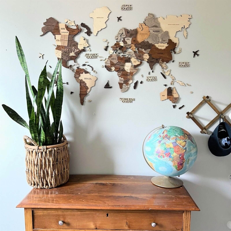 Wall Art 3D Wooden World Map Multi Piece Design Natural Finish