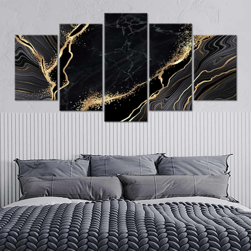 Wall Art 5 Piece Staggered Marble Pattern Black Gold Dramatic