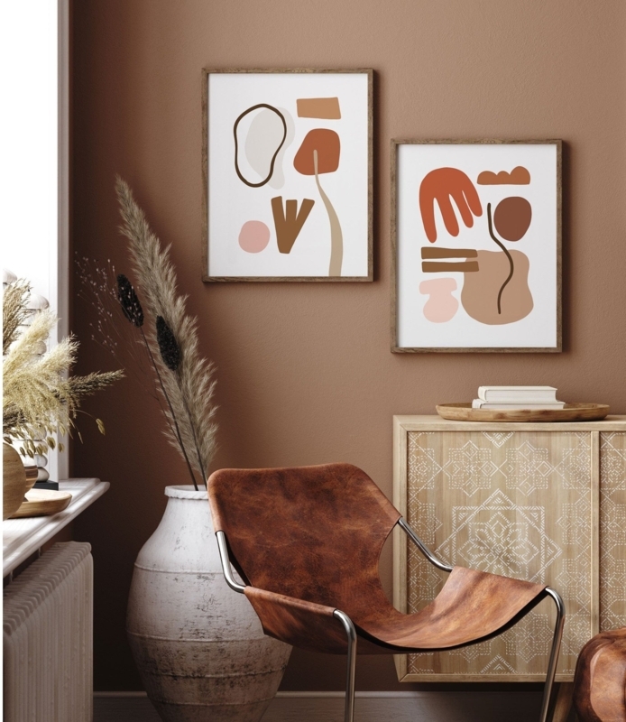 Wall Art Abstract Shapes Set of Two Framed Earthy Modern
