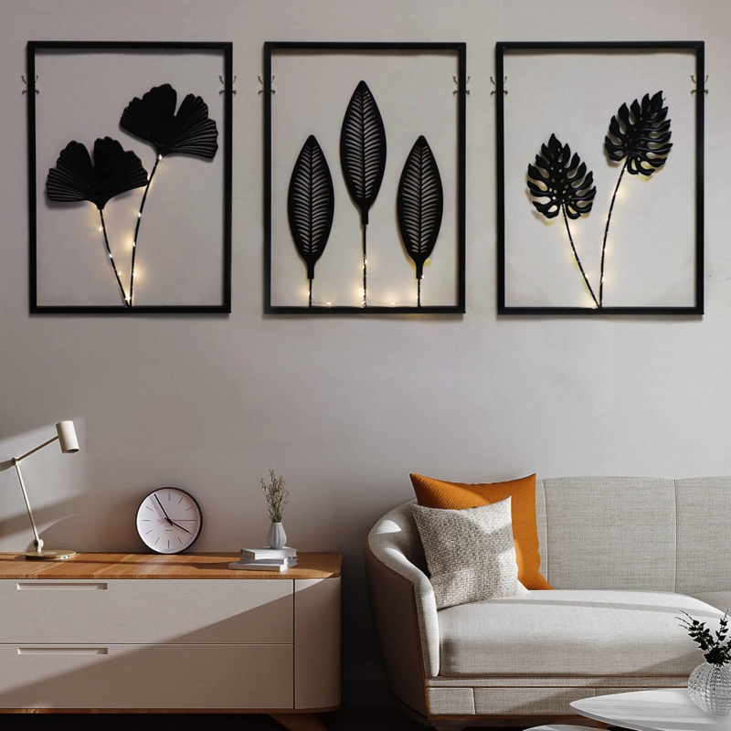 Wall Art: Backlit Dark Metal Geometric Cutout Panels Set of 3