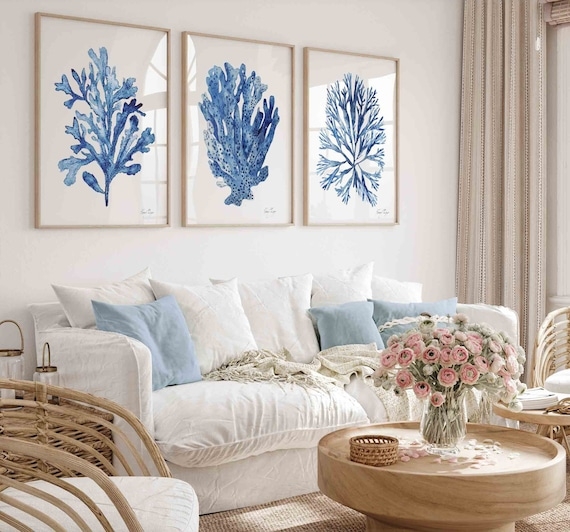 Wall Art Blue Coral Watercolor Triptych Layout Framed Nautical