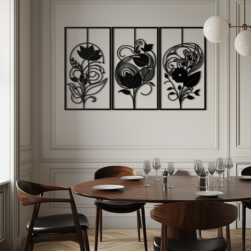 Wall Art Botanical Trio Set Metal Cutout Panels Black Modern