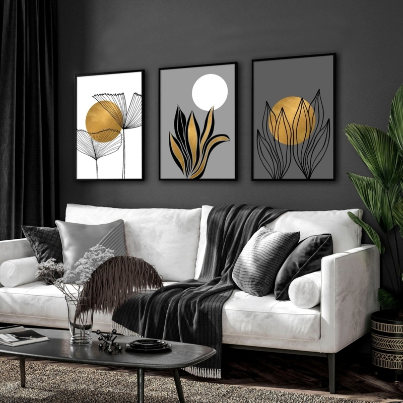 Wall Art: Botanical Triptych Set on Grey Paneled Walls
