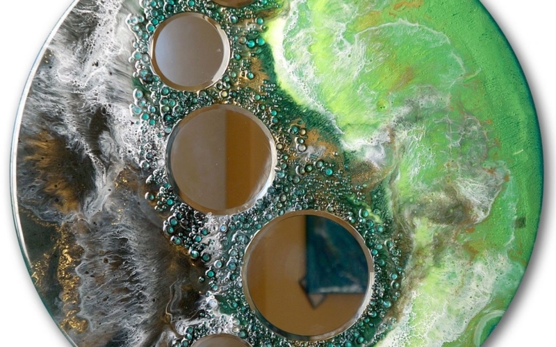 Wall Art, Circular Resin Ocean Wave Piece with Mirrored Glass Inlay