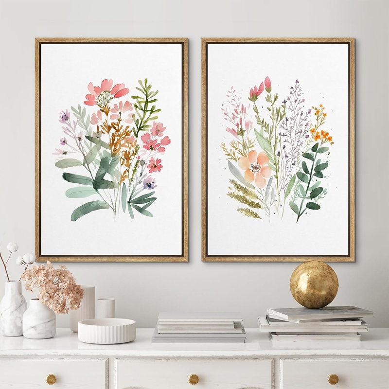 Wall Art Diptych Multicolor Wildflower Natural Wood Frame Boho Decor