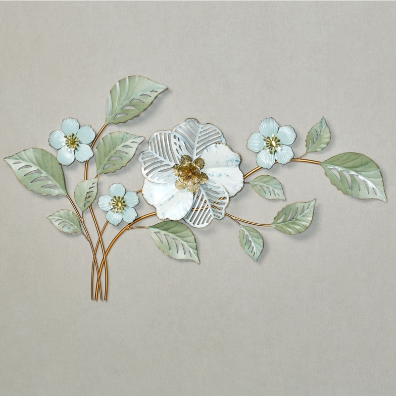 Wall Art Floral Sculpture Layered Metal Petals Aqua Green Palette