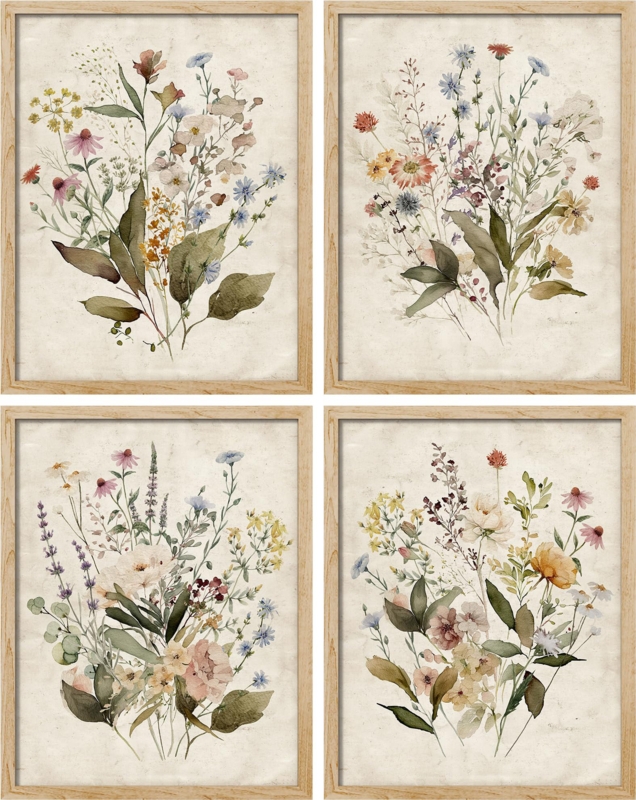 Wall Art Four Piece Set Gallery Layout Botanical Wood Frames Vintage