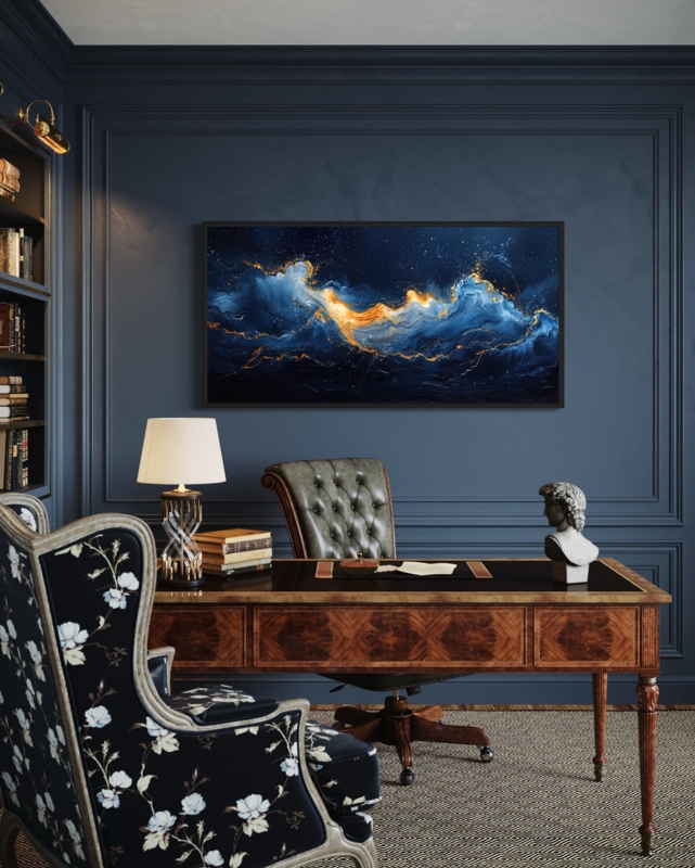Wall Art Gold Veined Canvas in Moody Office, Ocean Wave Abstract