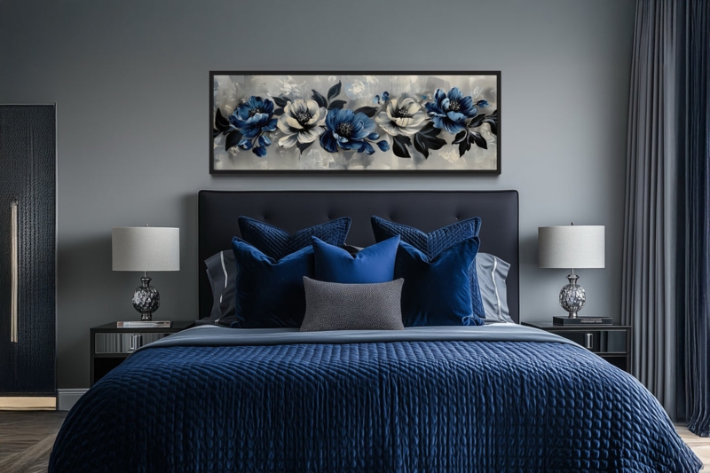 Wall Art Horizontal Canvas Navy Floral Motif Above Bed Decor