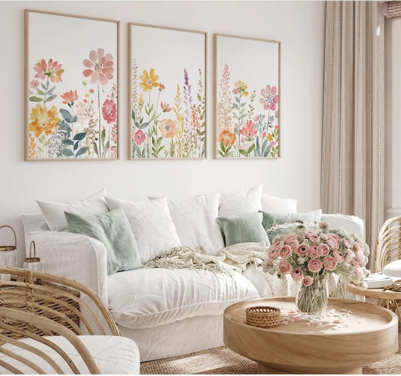 Wall Art Horizontal Canvas Vibrant Wildflower Watercolor Brushwork