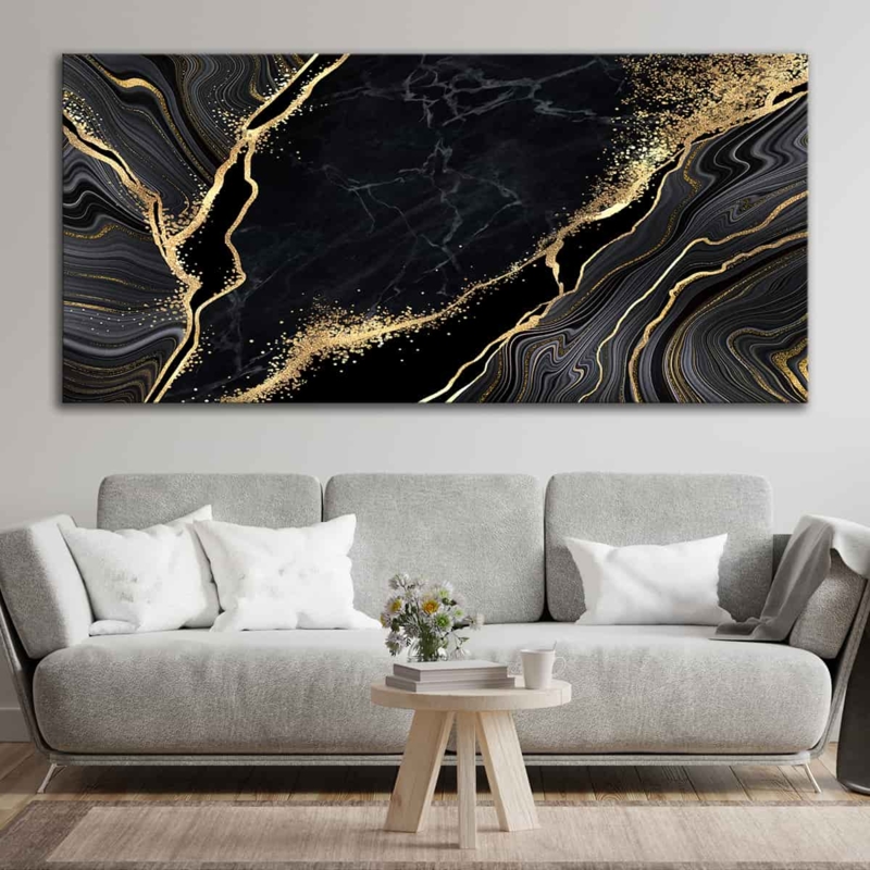 Wall Art: Landscape Orientation Black and Gold Abstract Marble Canvas