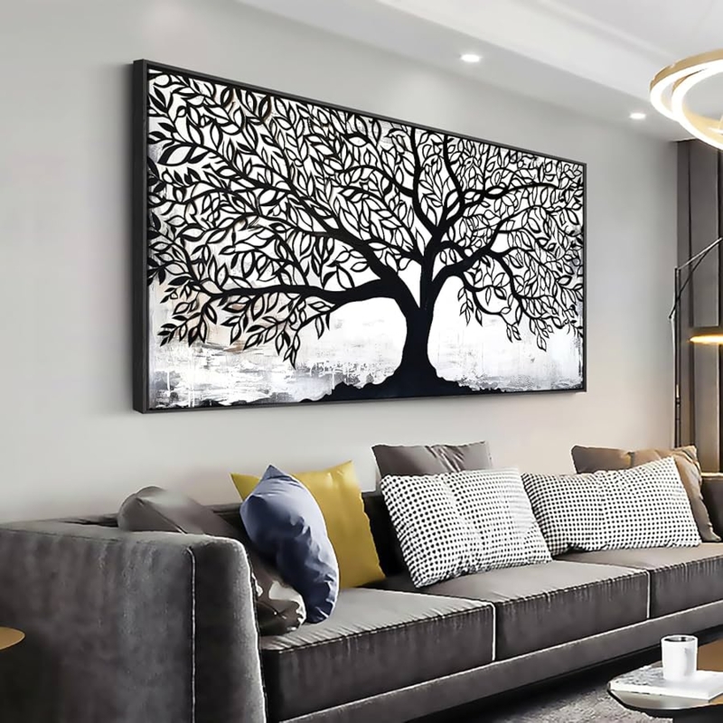 Wall Art: Large Framed Black and White Canvas Tree Silhouette Print