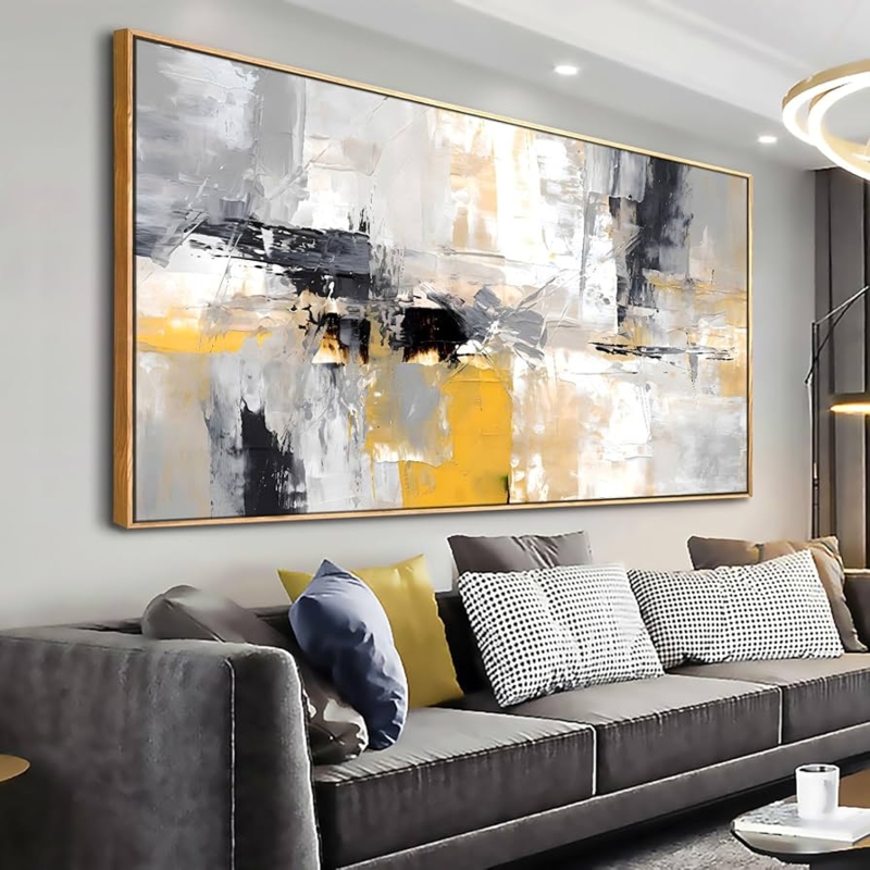 Wall Art Large Horizontal Abstract Mustard Grey Brushstrokes