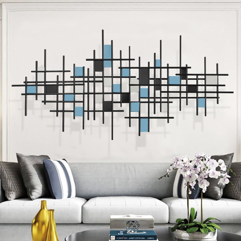 Wall Art: Large Interlocking Circles Metal Sculpture Blue Accents