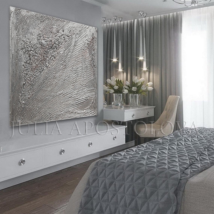 Wall Art: Large Textured Silver Canvas with Metallic Sheen