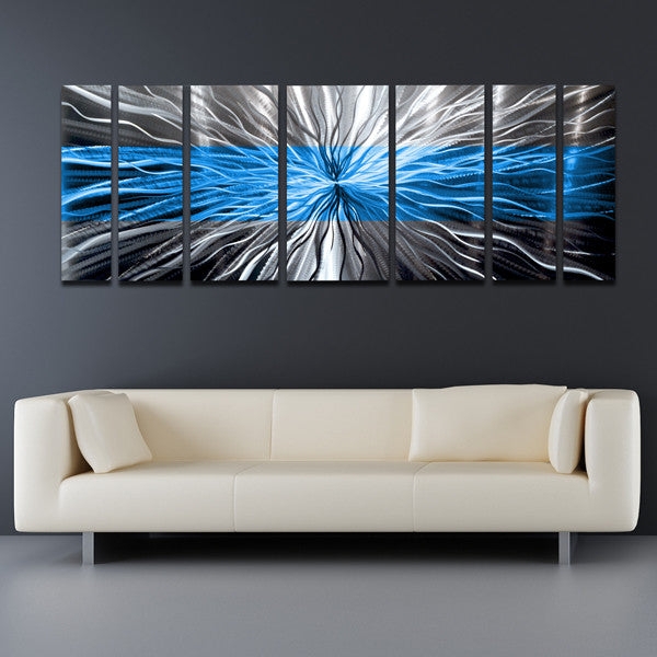 Wall Art Metal Seven Panel Electric Blue Stripe Industrial