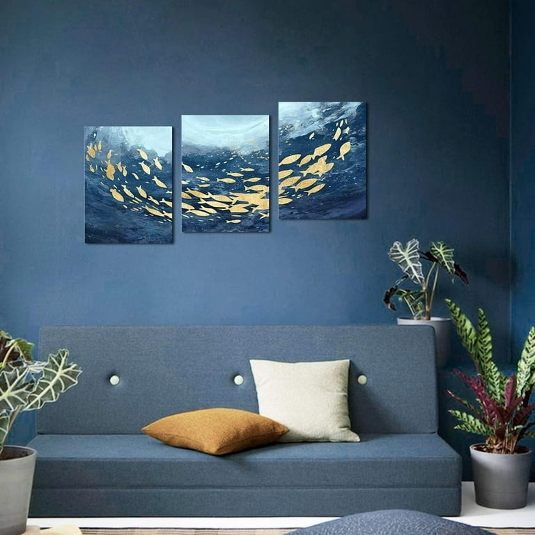 Wall Art Metallic Gold Foil Fish Silhouettes Coastal Decor Set
