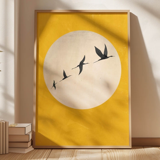 Wall Art: Modern Bird Silhouette Print with Circular Sun Motif