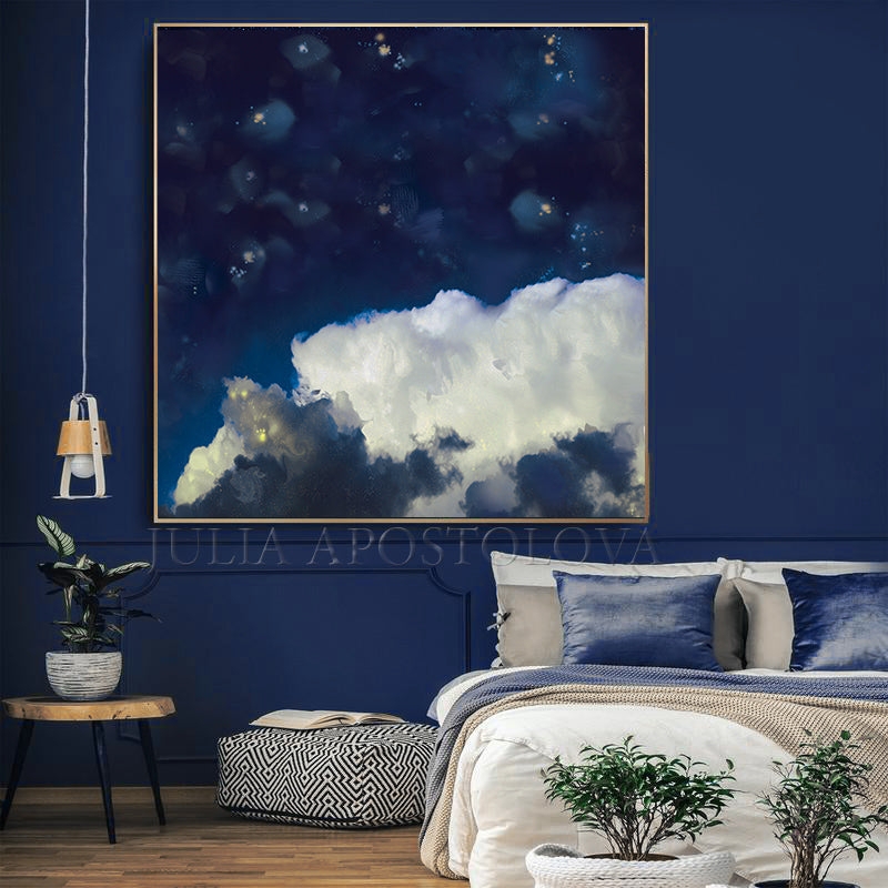 Wall Art Oversized Square Canvas Cloud Motif, Celestial Painting