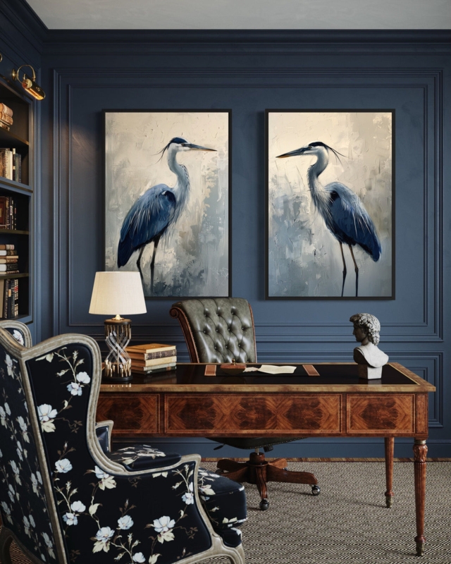 Wall Art Pair: Abstract Bird Motif on Canvas with Slim Profile Frames.