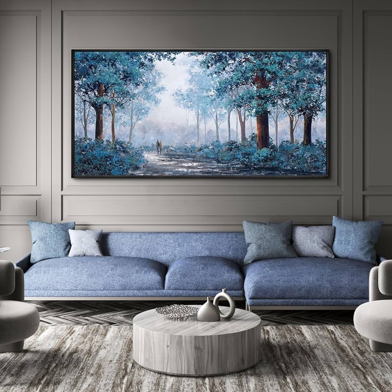 Wall Art: Prussian Blue Tone Tree Silhouette, Black Frame for Bedroom.