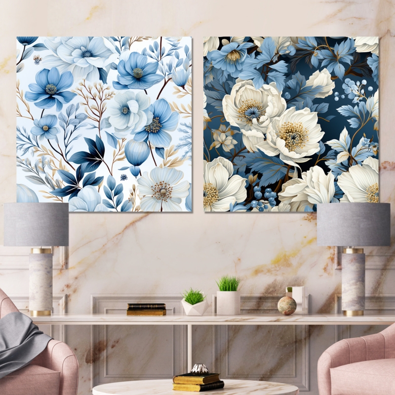 Wall Art Set Arctic Blue Palette Metal Panels Botanical Floral