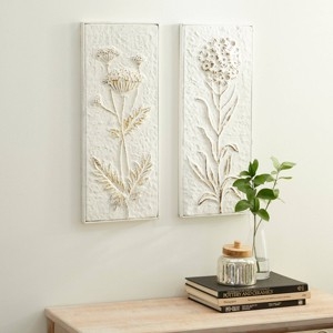 Wall Art Set Botanical Relief Gold Detailing White On White Framed