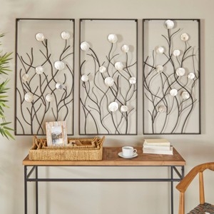 Wall Art Set Capiz Shell Accents Black Metal Frame Floral Triptych
