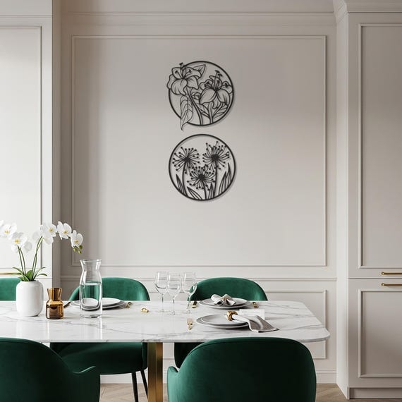 Wall Art Set Circular Frames Minimalist Line Art Black Metal