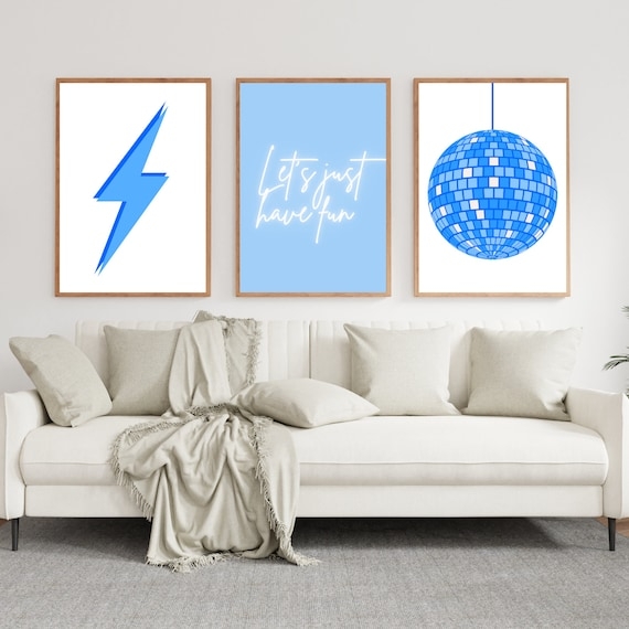 Wall Art Set: Disco Ball Motif, Neon Sign Graphic. Electric Blue Palette.