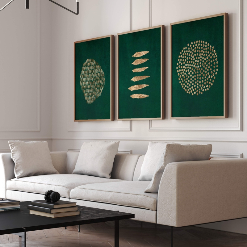 Wall Art Set Emerald Green Gold Abstract Prints Polished Metal Frames